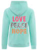 Zwillingsherz Hoodie "Love Peace Hope" turquoise