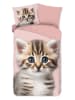 Good Morning Flanellen beddengoedset "Meow" lichtroze/lichtblauw
