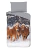 Good Morning Flanellen beddengoedset "Happy Horses" grijs/lichtbruin