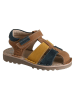 vertbaudet Leder-Sandalen in Hellbraun/ Blau/ Gelb