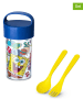 koziol 3tlg. Set: Snackpot und Besteck in Blau/ Gelb
